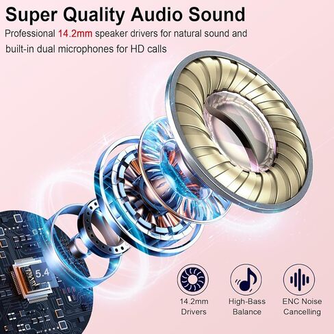 سماعات أذن لاسلكية، سماعات رأس بلوتوث 5.4 مع ميكروفونات إلغاء الضوضاء ENC، سماعات أذن بلوتوث 30 ساعة باس ثلاثي الأبعاد مع حافظة شحن شاشة LED، سماعات أذن لاسلكية مقاومة للماء IP7 لأجهزة Android وiOS وRosegold in Kuwait
