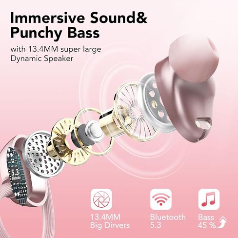 سماعات أذن لاسلكية، سماعات رأس بلوتوث، وقت تشغيل جهير عميق يصل إلى 80 ساعة مع شاشة LED، سماعات رياضية مع ميكروفون إلغاء الضوضاء ENC، سماعات أذن فوق الأذن مقاومة للماء IPX7 مع خطافات أذن للتمرين/الجري in Kuwait