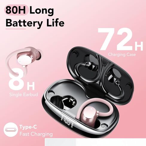 سماعات أذن لاسلكية، سماعات رأس بلوتوث، وقت تشغيل جهير عميق يصل إلى 80 ساعة مع شاشة LED، سماعات رياضية مع ميكروفون إلغاء الضوضاء ENC، سماعات أذن فوق الأذن مقاومة للماء IPX7 مع خطافات أذن للتمرين/الجري in Kuwait