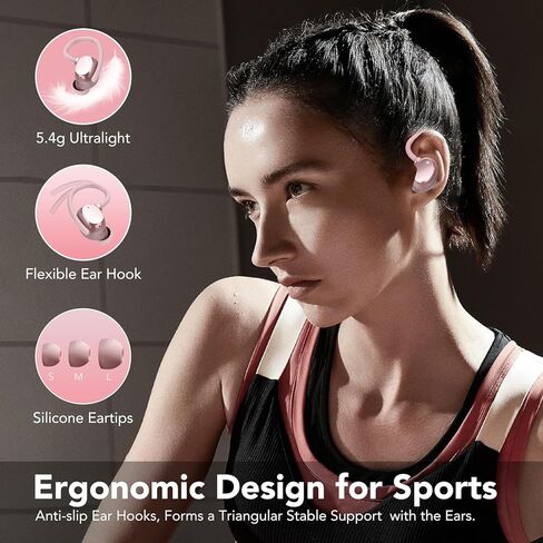 سماعات أذن لاسلكية، سماعات رأس بلوتوث، وقت تشغيل جهير عميق يصل إلى 80 ساعة مع شاشة LED، سماعات رياضية مع ميكروفون إلغاء الضوضاء ENC، سماعات أذن فوق الأذن مقاومة للماء IPX7 مع خطافات أذن للتمرين/الجري in Kuwait