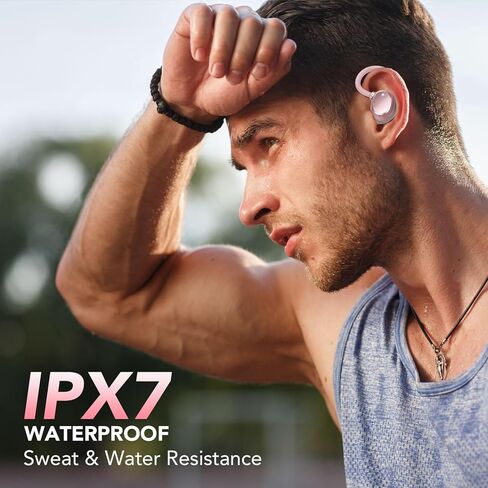 سماعات أذن لاسلكية، سماعات رأس بلوتوث، وقت تشغيل جهير عميق يصل إلى 80 ساعة مع شاشة LED، سماعات رياضية مع ميكروفون إلغاء الضوضاء ENC، سماعات أذن فوق الأذن مقاومة للماء IPX7 مع خطافات أذن للتمرين/الجري in Kuwait