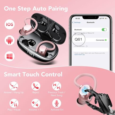 سماعات أذن لاسلكية، سماعات رأس بلوتوث، وقت تشغيل جهير عميق يصل إلى 80 ساعة مع شاشة LED، سماعات رياضية مع ميكروفون إلغاء الضوضاء ENC، سماعات أذن فوق الأذن مقاومة للماء IPX7 مع خطافات أذن للتمرين/الجري in Kuwait