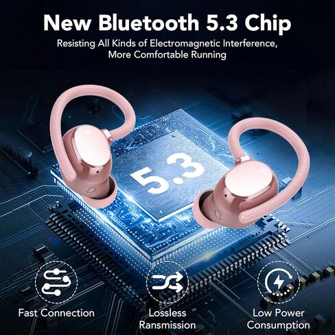 سماعات أذن لاسلكية، سماعات رأس بلوتوث، وقت تشغيل جهير عميق يصل إلى 80 ساعة مع شاشة LED، سماعات رياضية مع ميكروفون إلغاء الضوضاء ENC، سماعات أذن فوق الأذن مقاومة للماء IPX7 مع خطافات أذن للتمرين/الجري in Kuwait