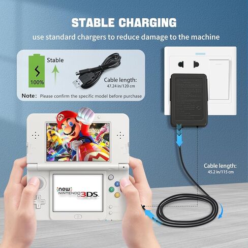 شاحن 3DS، شاحن 3DS متوافق مع 3DS XL، DSi XL، 3DS و2DS- محول حائط تيار متردد، سلك طاقة بديل عالمي 100-240 فولت لملحقات وحدة التحكم المحمولة (رمادي) in Kuwait