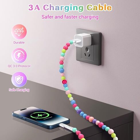 Aolcev لسلك شحن iPhone 5FT [معتمد من MFi] كابل شاحن سريع 66 وات سلك شاحن هاتف مطرز لطيف USB كابل شحن لهاتف iPhone 14 13 12 11 Pro Max 8 7 6 Plus iPad Pro/Air/Mini متعدد الألوان in Kuwait