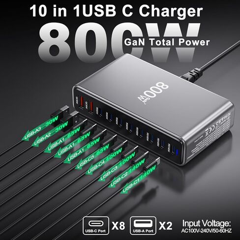 800W USB C Charger,GaN 10 Ports USB Charger,Multiple Plug Fast Charger Laptop Charger,PD Power Adapter Compatible with MacBook Pro/Air/Dell/iPhone/Galaxy/Laptop/Tablet/Mobile in Saudi Arabia
