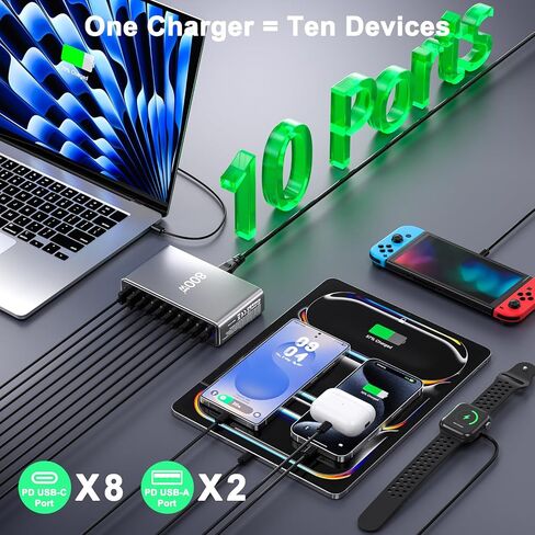 800W USB C Charger,GaN 10 Ports USB Charger,Multiple Plug Fast Charger Laptop Charger,PD Power Adapter Compatible with MacBook Pro/Air/Dell/iPhone/Galaxy/Laptop/Tablet/Mobile in Saudi Arabia