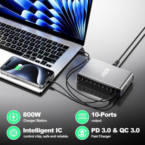 800W USB C Charger,GaN 10 Ports USB Charger,Multiple Plug Fast Charger Laptop Charger,PD Power Adapter Compatible with MacBook Pro/Air/Dell/iPhone/Galaxy/Laptop/Tablet/Mobile in Saudi Arabia