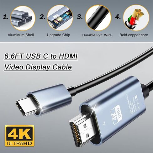 محول كابل HDMI بطول 6.6 قدم لجهاز iPhone 15 إلى HDTV، وكابل فيديو 4K USB C إلى HDMI، Thunderbolt 3 & 4 متوافق مع سلسلة iPhone 15/16، وMacBook Pro/Air، وiPad Pro، وSurface Book 2، وGalaxy S23 والمزيد in Kuwait