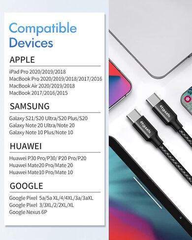 etguuds كابل USB C طويل للغاية إلى USB C [16ft/5m PD 60W Type C إلى Type C كابل شحن سريع، متين مزدوج مضفر نايلون USB-C إلى USB-C شاحن شحن الحبل 2.0 - أسود in Saudi Arabia