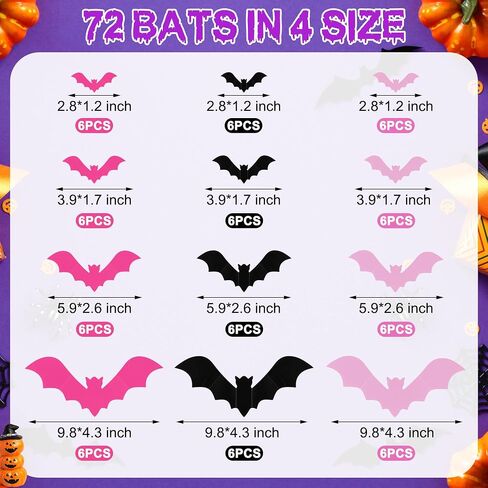 96 Pcs Bats Halloween Decoration Stickers, 3D Bat Wall Decor 5 Size Realistic PVC Black Orange Purple Bats DIY Home Decor Wall Decal Bathroom Indoor Outdoor Window Décor Halloween Party Supplies in Saudi Arabia