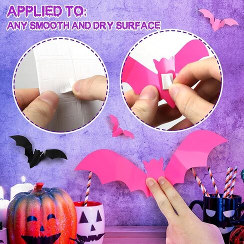96 Pcs Bats Halloween Decoration Stickers, 3D Bat Wall Decor 5 Size Realistic PVC Black Orange Purple Bats DIY Home Decor Wall Decal Bathroom Indoor Outdoor Window Décor Halloween Party Supplies in Saudi Arabia