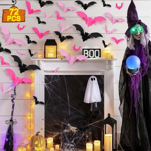 96 Pcs Bats Halloween Decoration Stickers, 3D Bat Wall Decor 5 Size Realistic PVC Black Orange Purple Bats DIY Home Decor Wall Decal Bathroom Indoor Outdoor Window Décor Halloween Party Supplies in Saudi Arabia