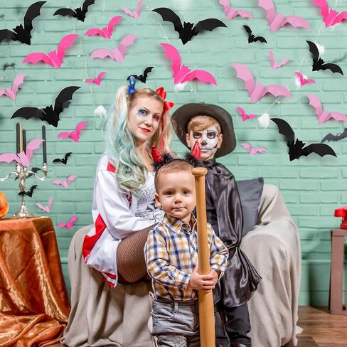 96 Pcs Bats Halloween Decoration Stickers, 3D Bat Wall Decor 5 Size Realistic PVC Black Orange Purple Bats DIY Home Decor Wall Decal Bathroom Indoor Outdoor Window Décor Halloween Party Supplies in Saudi Arabia