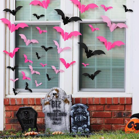 96 Pcs Bats Halloween Decoration Stickers, 3D Bat Wall Decor 5 Size Realistic PVC Black Orange Purple Bats DIY Home Decor Wall Decal Bathroom Indoor Outdoor Window Décor Halloween Party Supplies in Saudi Arabia