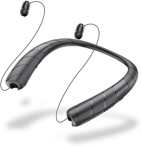Retractable Neckband Bluetooth Headphones, 48H Playtime Wireless Earbuds, Bluetooth 5.0, Built-in Speaker & IPX5 Waterproof, Auto-Coil Cord, Ultra-Light Comfortable Fit, Black in Saudi Arabia