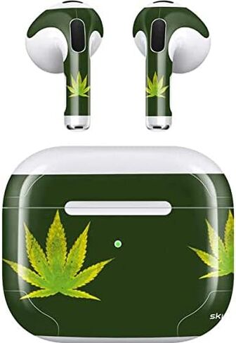 غلاف صوتي من Skinit متوافق مع Apple AirPods (الجيل الثالث، 2021) - تصميم Skinit في الأصل بتصميم أوراق الماريجوانا باللون الأخضر الفاتح in Saudi Arabia