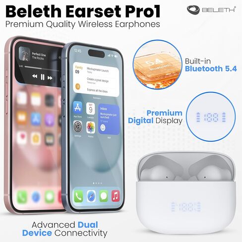 Beleth Earset Pro1 Wireless Earbuds Bluetooth 5.4 Headphones, Dual Connectivity, 50H Playtime, ENC/ANC Noise Cancelling, Deep Bass, LED Display, Wireless Charging Case – White in Saudi Arabia