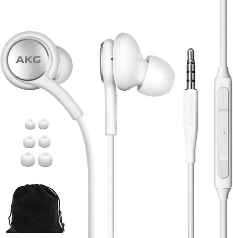سماعات أذن سلكية أصلية من سامسونج AKG مقاس 3.5 مم مع جهاز تحكم عن بعد وميكروفون للموسيقى والمكالمات الهاتفية والعمل - صوت جهير عميق عازل للضوضاء، تتضمن حقيبة حمل مخملية - أبيض in Saudi Arabia