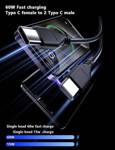USB C Splitter Charge Cable,60W (2packs) 1 Feet USB Type C 1 Female to 2 Dual Male Y Splitter Extension Charging Cable supports data transfer and charging for iPhone 17/16,iPad, Galaxy and More in Saudi Arabia