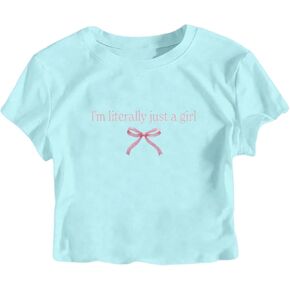 QJQ Girl's Bow Letter Graphic T Shirts Short Sleeve Crewneck Crop Tops Tees Summer Trendy Preppy Clot in Kuwait