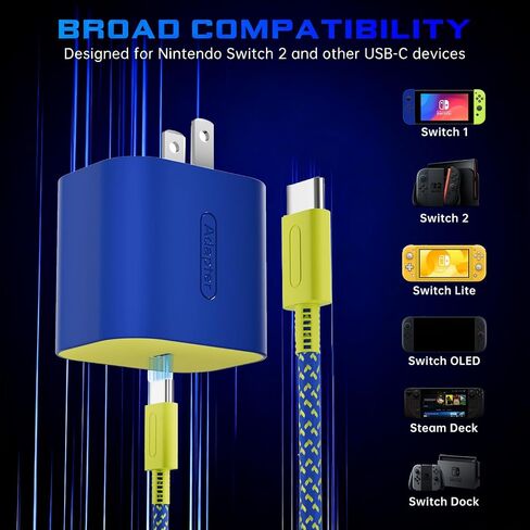 شاحن TPC 60 وات لجهاز نينتندو سويتش 2، محول تيار متردد 20 فولت 3 أمبير شحن سريع مع سلك USB-C مضفر بطول 6.6 قدم، متوافق مع سويتش 1، لايت، OLED، سطح البخار، يدعم وضع تلفزيون 4K (وردي وأصفر) in Saudi Arabia