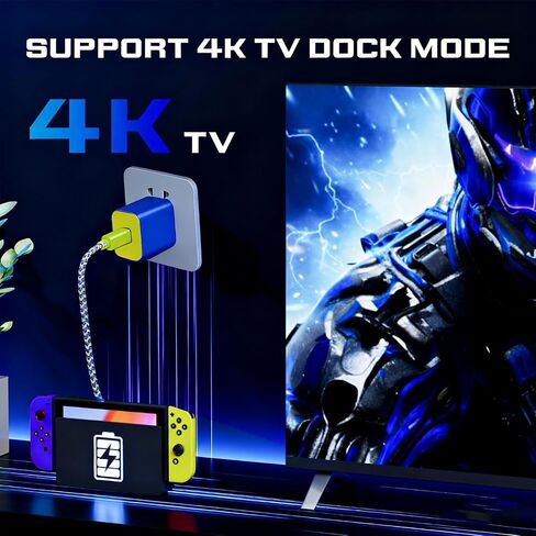 شاحن TPC 60 وات لجهاز نينتندو سويتش 2، محول تيار متردد 20 فولت 3 أمبير شحن سريع مع سلك USB-C مضفر بطول 6.6 قدم، متوافق مع سويتش 1، لايت، OLED، سطح البخار، يدعم وضع تلفزيون 4K (وردي وأصفر) in Saudi Arabia