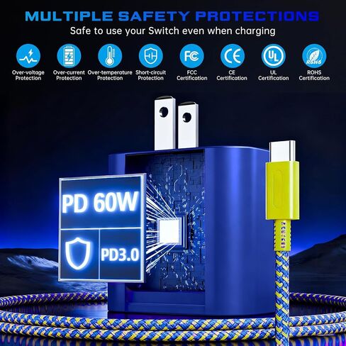 شاحن TPC 60 وات لجهاز نينتندو سويتش 2، محول تيار متردد 20 فولت 3 أمبير شحن سريع مع سلك USB-C مضفر بطول 6.6 قدم، متوافق مع سويتش 1، لايت، OLED، سطح البخار، يدعم وضع تلفزيون 4K (وردي وأصفر) in Saudi Arabia