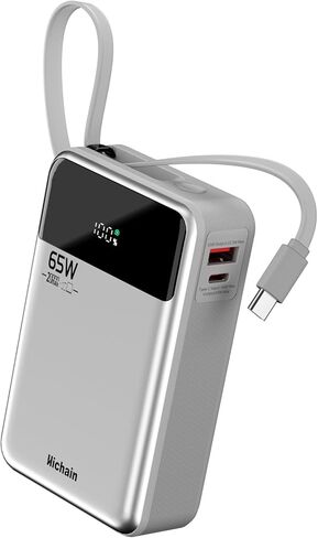 بنك طاقة للكمبيوتر المحمول Hichain بقدرة 65 وات 20000 مللي أمبير في الساعة مع كابل USB-C مدمج، حزمة بطارية شحن سريع بثلاثة منافذ لجهاز MacBook iPhone 17 16/15 Series Android Switch Travel Essential فضي in Kuwait