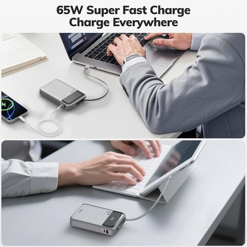 بنك طاقة للكمبيوتر المحمول Hichain بقدرة 65 وات 20000 مللي أمبير في الساعة مع كابل USB-C مدمج، حزمة بطارية شحن سريع بثلاثة منافذ لجهاز MacBook iPhone 17 16/15 Series Android Switch Travel Essential فضي in Kuwait