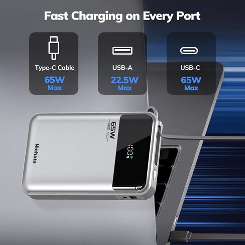 بنك طاقة للكمبيوتر المحمول Hichain بقدرة 65 وات 20000 مللي أمبير في الساعة مع كابل USB-C مدمج، حزمة بطارية شحن سريع بثلاثة منافذ لجهاز MacBook iPhone 17 16/15 Series Android Switch Travel Essential فضي in Kuwait