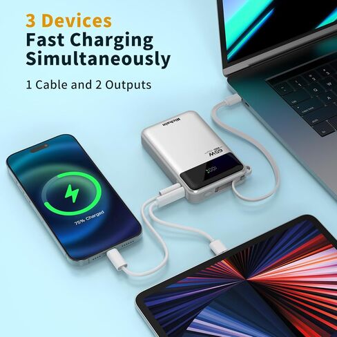بنك طاقة للكمبيوتر المحمول Hichain بقدرة 65 وات 20000 مللي أمبير في الساعة مع كابل USB-C مدمج، حزمة بطارية شحن سريع بثلاثة منافذ لجهاز MacBook iPhone 17 16/15 Series Android Switch Travel Essential فضي in Kuwait