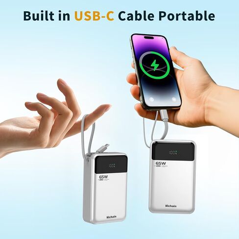 بنك طاقة للكمبيوتر المحمول Hichain بقدرة 65 وات 20000 مللي أمبير في الساعة مع كابل USB-C مدمج، حزمة بطارية شحن سريع بثلاثة منافذ لجهاز MacBook iPhone 17 16/15 Series Android Switch Travel Essential فضي in Kuwait