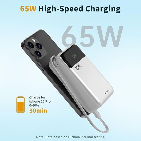 بنك طاقة للكمبيوتر المحمول Hichain بقدرة 65 وات 20000 مللي أمبير في الساعة مع كابل USB-C مدمج، حزمة بطارية شحن سريع بثلاثة منافذ لجهاز MacBook iPhone 17 16/15 Series Android Switch Travel Essential فضي in Kuwait