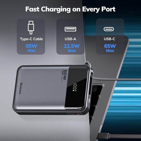 بنك طاقة للكمبيوتر المحمول Hichain بقدرة 65 وات 20000 مللي أمبير في الساعة مع كابل USB-C مدمج، حزمة بطارية شحن سريع بثلاثة منافذ لجهاز MacBook iPhone 17 16/15 Series Android Switch Travel Essential فضي in Saudi Arabia