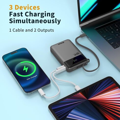 بنك طاقة للكمبيوتر المحمول Hichain بقدرة 65 وات 20000 مللي أمبير في الساعة مع كابل USB-C مدمج، حزمة بطارية شحن سريع بثلاثة منافذ لجهاز MacBook iPhone 17 16/15 Series Android Switch Travel Essential فضي in Saudi Arabia