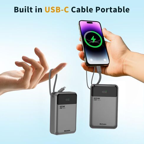 بنك طاقة للكمبيوتر المحمول Hichain بقدرة 65 وات 20000 مللي أمبير في الساعة مع كابل USB-C مدمج، حزمة بطارية شحن سريع بثلاثة منافذ لجهاز MacBook iPhone 17 16/15 Series Android Switch Travel Essential فضي in Saudi Arabia