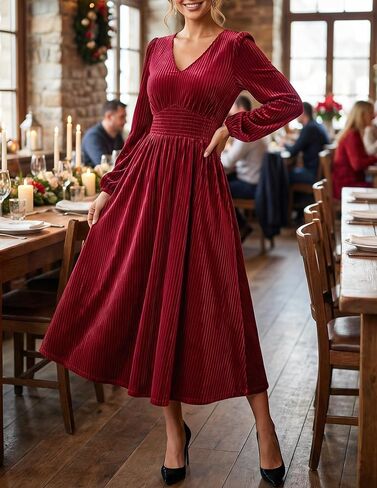 ZESICA Women's Velvet Midi Dress 2025 Casual V Neck Long Sleeve Solid Color Elastic High Waist Flowy Evening Party Dresses in Saudi Arabia