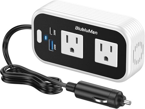 عاكس طاقة السيارة 200 واط، Blubluman DC 12V إلى 110V AC مخرج محول قابس السيارة مع شاحن PD 30W، شاحن سريع QC3.0 24W، عاكس طاقة للمركبات، منفذ لشاحن الكمبيوتر المحمول in Kuwait