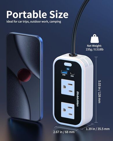 عاكس طاقة السيارة 200 واط، Blubluman DC 12V إلى 110V AC مخرج محول قابس السيارة مع شاحن PD 30W، شاحن سريع QC3.0 24W، عاكس طاقة للمركبات، منفذ لشاحن الكمبيوتر المحمول in Kuwait