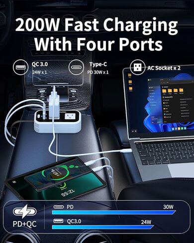 عاكس طاقة السيارة 200 واط، Blubluman DC 12V إلى 110V AC مخرج محول قابس السيارة مع شاحن PD 30W، شاحن سريع QC3.0 24W، عاكس طاقة للمركبات، منفذ لشاحن الكمبيوتر المحمول in Kuwait