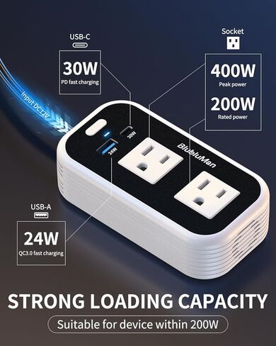 عاكس طاقة السيارة 200 واط، Blubluman DC 12V إلى 110V AC مخرج محول قابس السيارة مع شاحن PD 30W، شاحن سريع QC3.0 24W، عاكس طاقة للمركبات، منفذ لشاحن الكمبيوتر المحمول in Kuwait