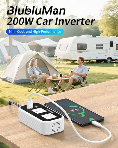 عاكس طاقة السيارة 200 واط، Blubluman DC 12V إلى 110V AC مخرج محول قابس السيارة مع شاحن PD 30W، شاحن سريع QC3.0 24W، عاكس طاقة للمركبات، منفذ لشاحن الكمبيوتر المحمول in Kuwait