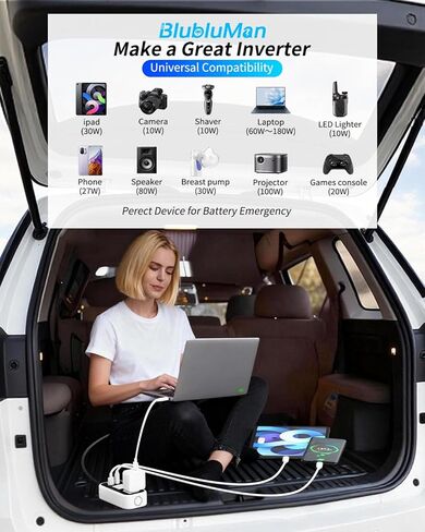 عاكس طاقة السيارة 200 واط، Blubluman DC 12V إلى 110V AC مخرج محول قابس السيارة مع شاحن PD 30W، شاحن سريع QC3.0 24W، عاكس طاقة للمركبات، منفذ لشاحن الكمبيوتر المحمول in Kuwait