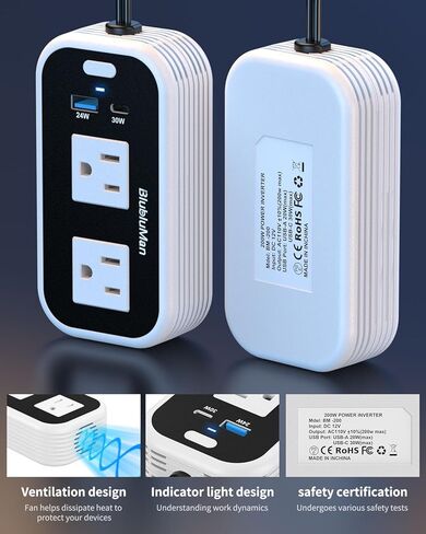 عاكس طاقة السيارة 200 واط، Blubluman DC 12V إلى 110V AC مخرج محول قابس السيارة مع شاحن PD 30W، شاحن سريع QC3.0 24W، عاكس طاقة للمركبات، منفذ لشاحن الكمبيوتر المحمول in Kuwait