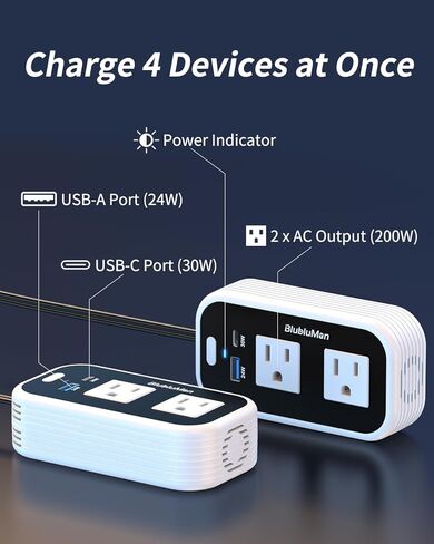 عاكس طاقة السيارة 200 واط، Blubluman DC 12V إلى 110V AC مخرج محول قابس السيارة مع شاحن PD 30W، شاحن سريع QC3.0 24W، عاكس طاقة للمركبات، منفذ لشاحن الكمبيوتر المحمول in Kuwait