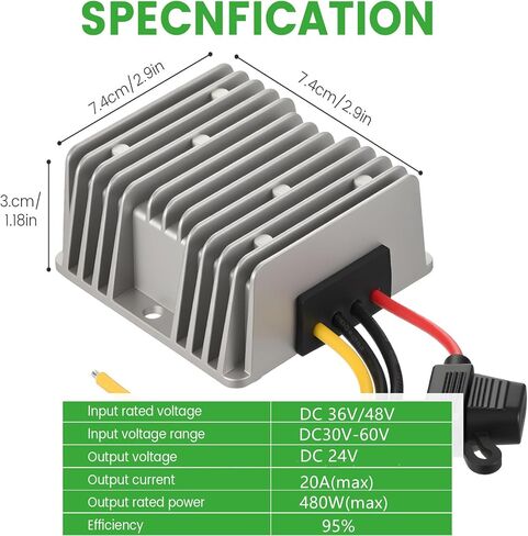 DC 36V/48V Step Down to DC 24V 20A 480W Converter Voltage Regulator Golf Cart Buck Reducer Power Converter Waterproof Module Transformer with Fuse in Kuwait