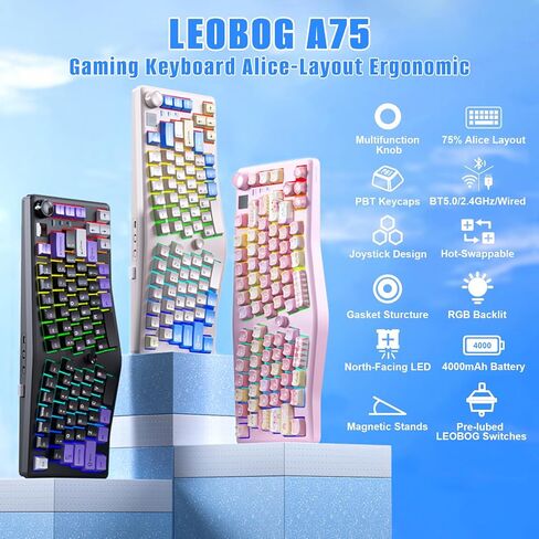 LEOBOG A75 Alice Keyboard, Tri-Mode Ergonomic Gaming Keyboard with RGB Backlit Functional Knob Joystick, 75% Layout Hot-Swap Gasket Custom Keyboards for Win Mac PC Gamer-Black in Saudi Arabia