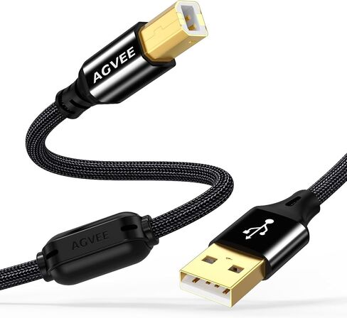 كابل طابعة AGVEE بطول 6.6 قدم USB-A، سلك كابل USB إلى B MIDI، بيانات ثابتة مضفرة لطابعة HP Canon Epson Brother، بيانو، أداة ميدي، تسجيل واجهة الصوت، أسود in Kuwait