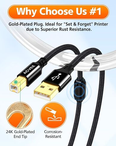 كابل طابعة AGVEE بطول 6.6 قدم USB-A، سلك كابل USB إلى B MIDI، بيانات ثابتة مضفرة لطابعة HP Canon Epson Brother، بيانو، أداة ميدي، تسجيل واجهة الصوت، أسود in Kuwait